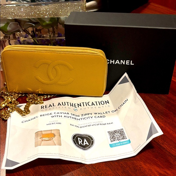 CHANEL Mustard Yellow Wallet with Gold Chain - Picture 1 of 5